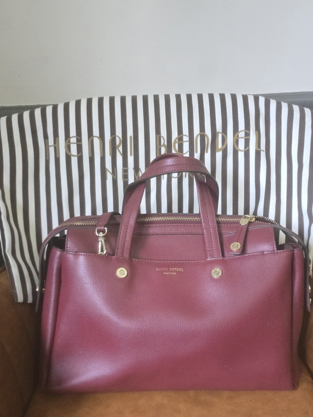 henri bendel burgundy pebbled leather satchel with gold hardware
